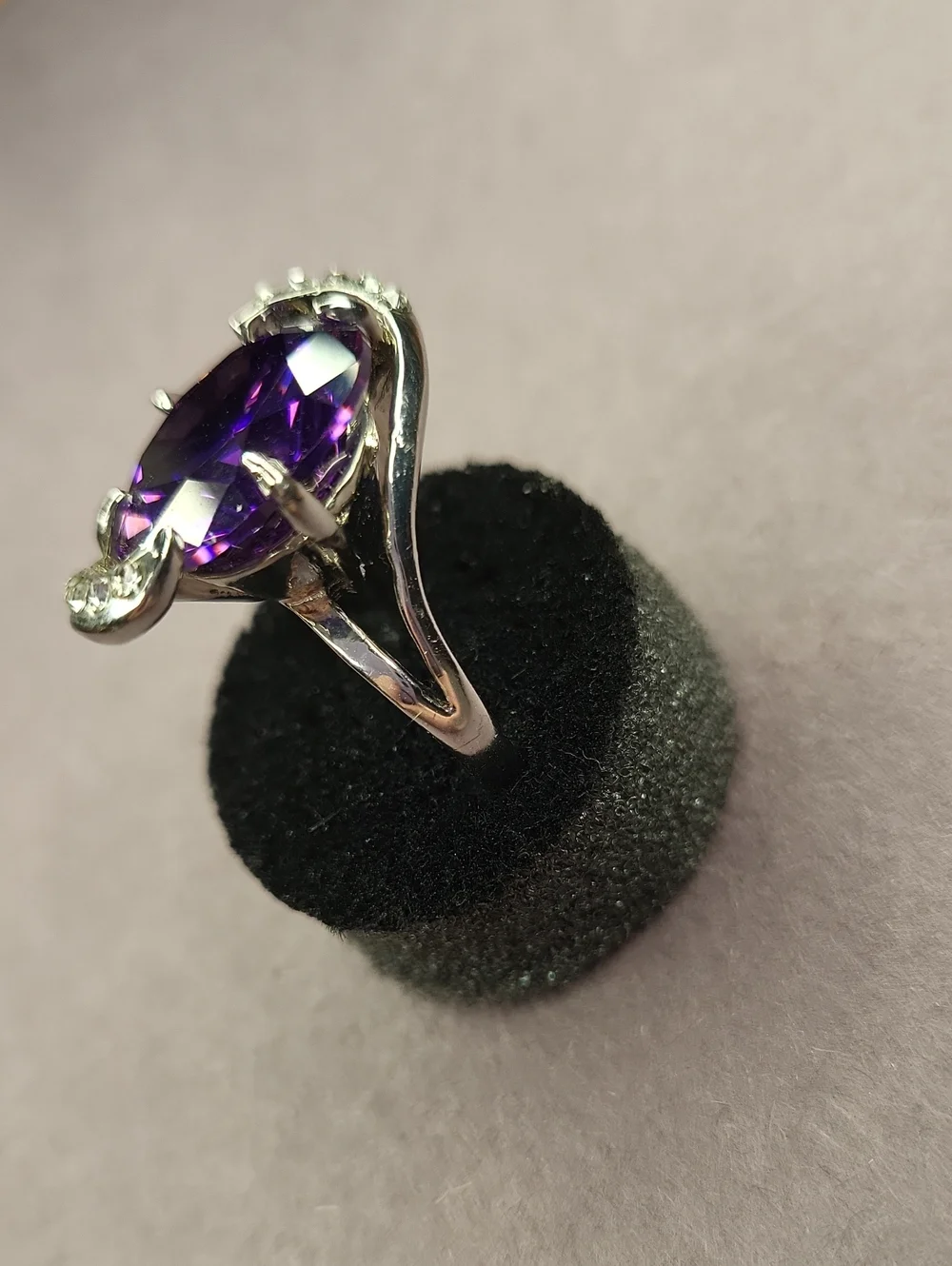 Silver Purple Crystal Cocktail Ring with Clear Accent Stones